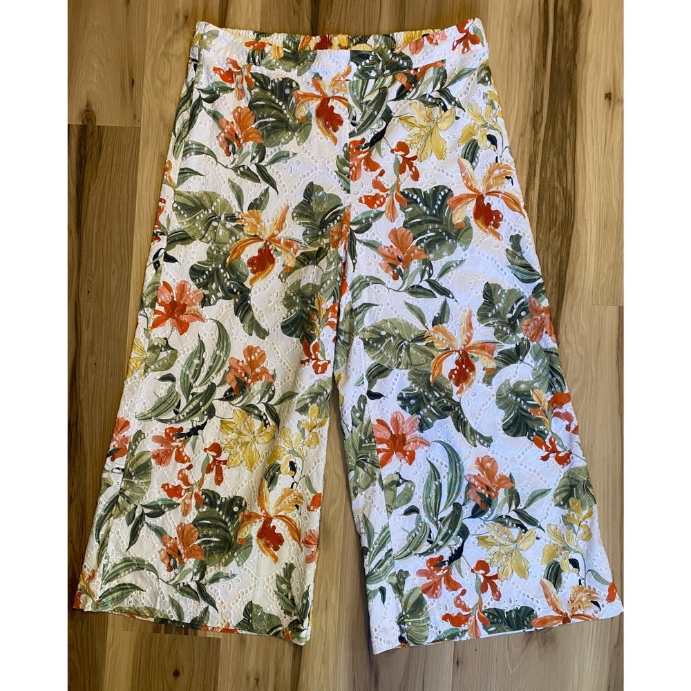 Chicos Tropical Floral Eyelet Wide Leg Crop Pants White Orange Green Size 2 L 12